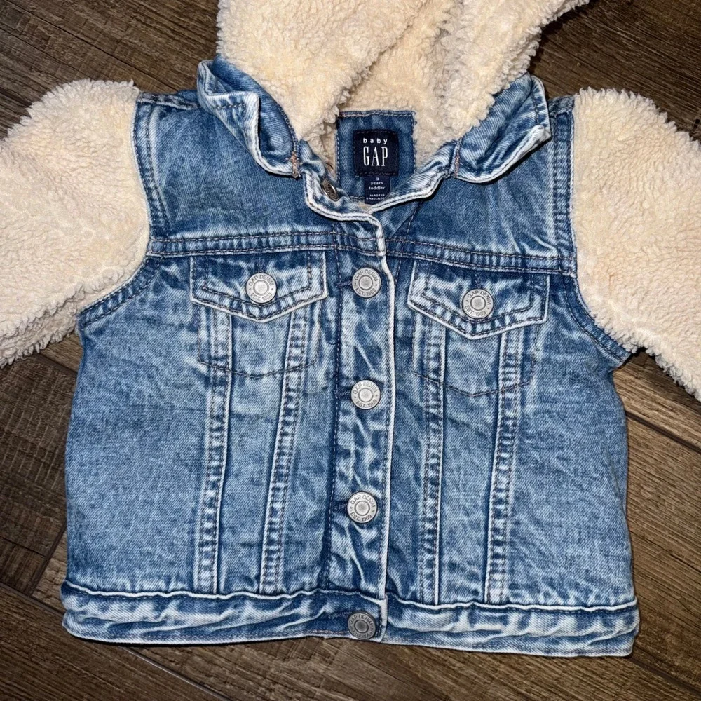 Baby Gap Toddler Denim Sherpa Hoodie Jacket Blue Cream 3T Mixed Media Trucker